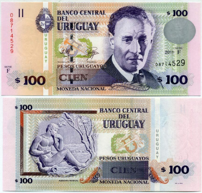 Уругвай 100 песо 2011 Эдуардо Фабини, композитор Pick 88 b бумага UNC (пресс) 447-72-2-2