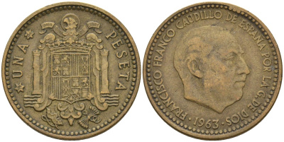 Испания 1 песета 1963 (64) Франсиско Франко (1939-1975) KM 775 алюминиевая бронза 3336-1121