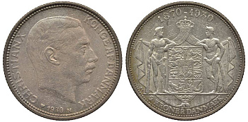 Дания 2 кроны 1930 N; AH, 60 лет королю Кристиану X (1870-1930) KM 829 серебро 69-425