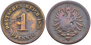ГЕРМАНИЯ 1 ПФЕННИГ 1876 А, СТАРОГЕРБОВКА KM 1, Jager. 1, Weege 1 медь 4528-1062