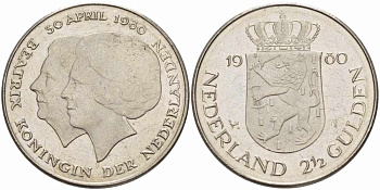 Нидерланды 2 1/2 гульдена 1980 коронация Беатрикс, 30 апреля 1980 KM 201 никель 38-841