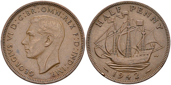 Великобритания 1/2 пенни 1942 Георг VI (1936-1952) KM 844, Spink 4115 бронза 4592-1127
