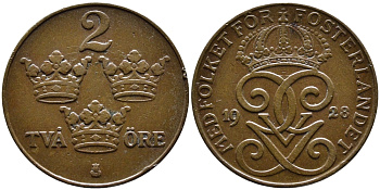 Швеция 2 эре 1928 Густав V (1907-1950) KM 778 бронза 4606-1031