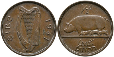 Ирландия 1/2 пенни 1941 свинья с поросятами KM 10 бронза 4525-1114