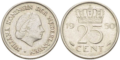 НИДЕРЛАНДЫ 25 ЦЕНТОВ 1950 ЮЛИАНА (1948-1980) KM 183 никель 214-915