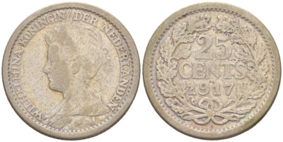 Нидерланды 25 центов 1917 Вильгельмина (1890-1948) KM 146 серебро 4548-845