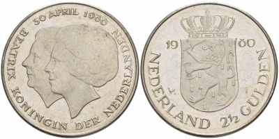 Нидерланды 2 1/2 гульдена 1980 коронация Беатрикс, 30 апреля 1980 KM 201 никель 38-841