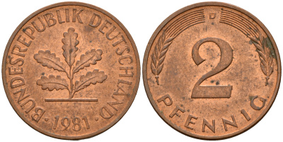 ФРГ 2 пфеннига 1981 D J.381a, KM 106a сталь плакированная медью    4598-856