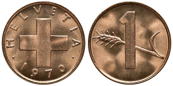 Швейцария 1 раппен 1970 KM 46 бронза UNC M53-17