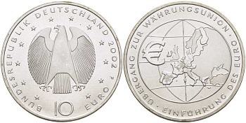 ФРГ 10 евро 2002 F, введение европейской валюты KM 215, DE.S. 10.1 серебро UNC 413-4322