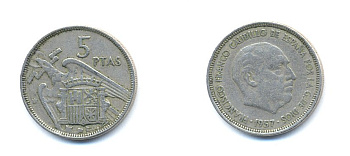 ИСПАНИЯ 5 ПЕСЕТ 1957 ФРАНСИСКО ФРАНКО ДИКТАТОР ИСПАНИИ (1939-1975) KM 786 медно-никель 54-1245
