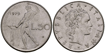 Италия 50 лир 1979 KM 95.1 нержавеющая сталь 4176-251