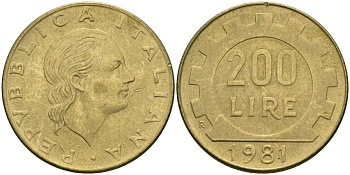 Италия 200 лир 1981 R, шестерня KM 105 алюминиевая бронза 4171-955