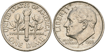 США 1 дайм - 10 центов 1989 P, Рузвельт KM 195а медь плакированная медно-никелем    4608-637