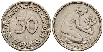 ФРГ 50 пфеннигов 1949 D KM 104, J. 379 медно-никель 4597-1135