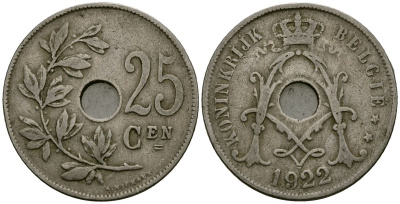 Бельгия 25 сантимов 1922 Belgie, Альберт I (1909-1934) KM 69 медно-никель 4165-826