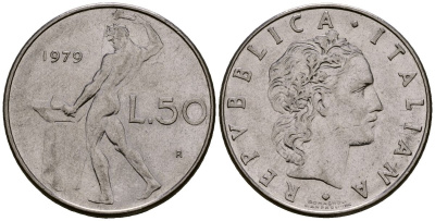 Италия 50 лир 1979 KM 95.1 нержавеющая сталь 4176-251