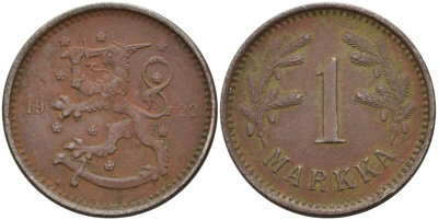 ФИНЛЯНДИЯ 1 МАРКА 1922 Heart KM 27 медно-никель 4563-555