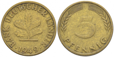 ФРГ 5 ПФЕННИГОВ 1949 J KM 102, J. 377 сталь плакированная латунью 4532-613