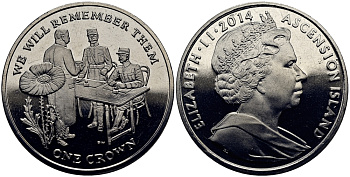 Остров Вознесения 1 крона 2014 в память героев первой мировой войны, допрос KM NEW медно-никель UNC 4386-723