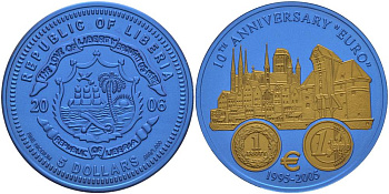 Либерия 5 долларов 2005 10 лет евро, страны не присоединившиеся к еврозоне, Польша, монеты с сертификатом, би-колор (два цвета), вес 7,78 гр., диаметр 35 мм.  ниобий  UNC  1080-3-43