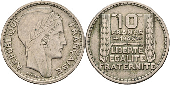 Франция 10 франков 1946 тип Пьер Турин KM 908.1, Le Franc 361.4 медно-никель 4593-316