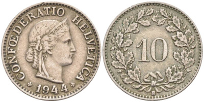 ШВЕЙЦАРИЯ 10 РАППЕНОВ 1944 В KM 27 медно-никель 201-434
