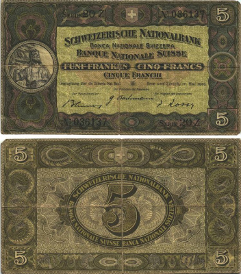 Швейцария 5 франков 1939 17 мая 1939, серия 20 Z Pick 11 i бумага 8606-10-1-1