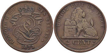 Бельгия 2 сантима 1873 Des Belges, Леопольд II (1865-1909) KM 35.1 медь 28-226