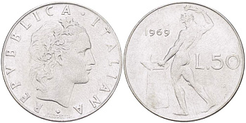 ИТАЛИЯ 50 ЛИР 1969 R, КУЗНЕЦ, ВУЛКАН БОГ ОГНЯ, ДИАМЕТР 25 ММ. KM 95.1 нержавеющая сталь 4388-211