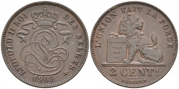БЕЛЬГИЯ 2 САНТИМА 1909 BELGES KM 35.1 медь 68-214