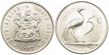ЮАР 5 центов 1977 герб, райский журавль KM 84 никель UNC 105-1027