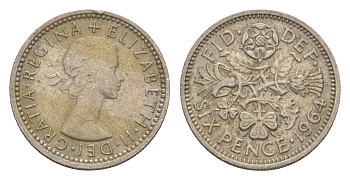 Великобритания 6 пенсов 1964 Елизавета II (1952-2022) KM 903, Spink 4149 медно-никель 4613-421