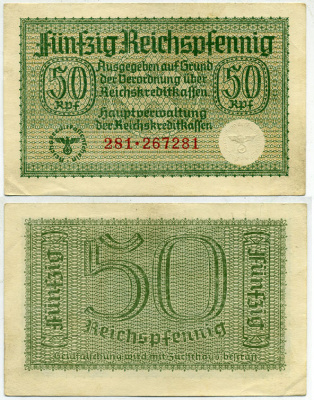 ГЕРМАНИЯ 50 РЕЙХСПФЕННИГОВ 1940-1945 ДЛЯ ОККУПИРОВАННЫХ ТЕРРИТОРИЙ Pick R135 бумага 3295-87-2-1
