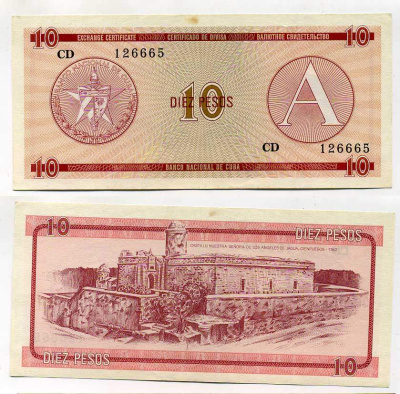 Куба, валютный сертификат 10 песо ND (1985) серия A, красная Pick FX 4 бумага аUNC 8616-42-1-2