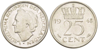 НИДЕРЛАНДЫ 25 ЦЕНТОВ 1948 ВИЛЬГЕЛЬМИНА (1890-1948) KM 177 никель 211-633