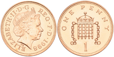 Великобритания 1 пенни 1998 Елизавета II (1952-2022) KM 986, Spink 4710 (B5) сталь плакированная медью UNC 4588-553