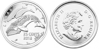 Канада 25 центов 2013 серия жизнь на севере - киты (гренландский и белуха) KM 1547 никелированная сталь UNC M47-02