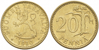 ФИНЛЯНДИЯ 20 ПЕННИ 1980 K KM 47 алюминиевая бронза 3718-652