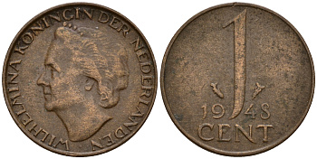 Нидерланды 1 цент 1948 Вильгельмина (1890-1948), год тип KM 175 бронза 4598-136