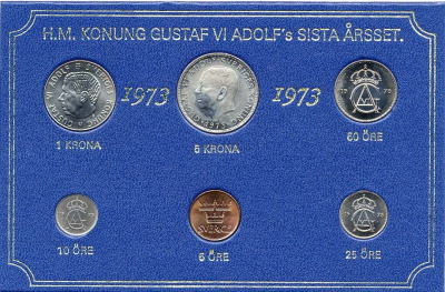 Швеция набор монетного двора из 6 монет 1973 в картоне, Густав VI Адольф (1950-1973) KM MS1 UNC 7-5-7-206