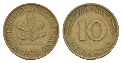 ФРГ 10 пфеннигов 1974 D KM 108, J. 383 сталь плакированная латунью 4630-1265