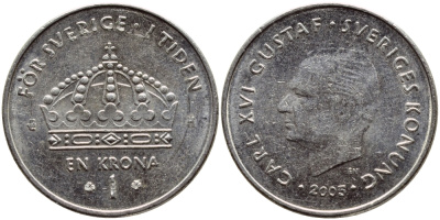 Швеция 1 крона 2005 Карл XVI Густав (1973- ) KM 894 медно-никель 93-414
