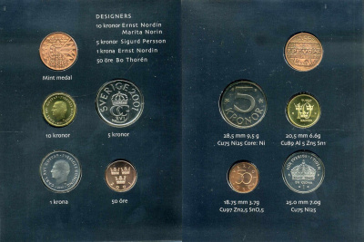 Швеция набор из 4 монет + медаль 2001 в оригинальном картонном буклете, Карл XVI Густав (1973- ) KM MS 107 UNC 4-4-1-38