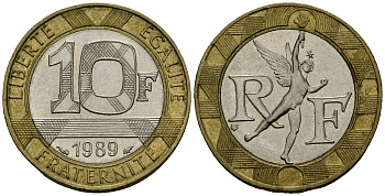 Франция 10 франков 1989 тип гений Бастилии KM 964.1, Le Franc 375.3 биметалл 4135-535