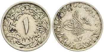 ЕГИПЕТ 1/10 ГИРША 1901 АН1293, ГОД 27, ABDUL HAMID II (1876-1909), ОСМАНСКАЯ ИМПЕРИЯ KM 289 медно-никель 4516-169