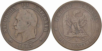 ФРАНЦИЯ 10 САНТИМОВ 1863 A, НАПОЛЕОН III (1852-1870) KM 798.1, LE FRANC 134.8 бронза 4389-536