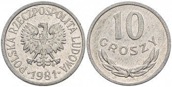ПОЛЬША 10 ГРОШЕЙ 1981 MW KM АА47 алюминий 4549-766