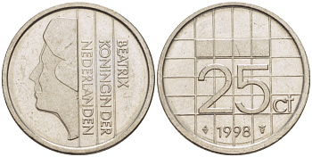 Нидерланды 25 центов 1998 Беатрикс (1980-2013) KM 204 никель 72-711
