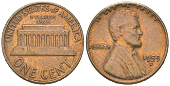 США 1 цент 1959 D, Авраам Линкольн KM 201 медь цинк 192-947